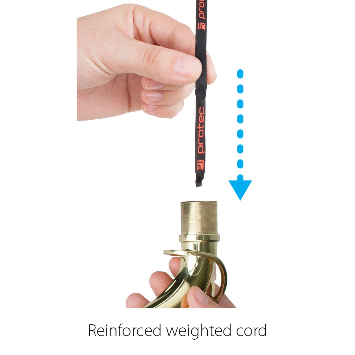 Image showing weighted end of swab going into saxophone next; text at bottom reads "Reinforced weighted cord".