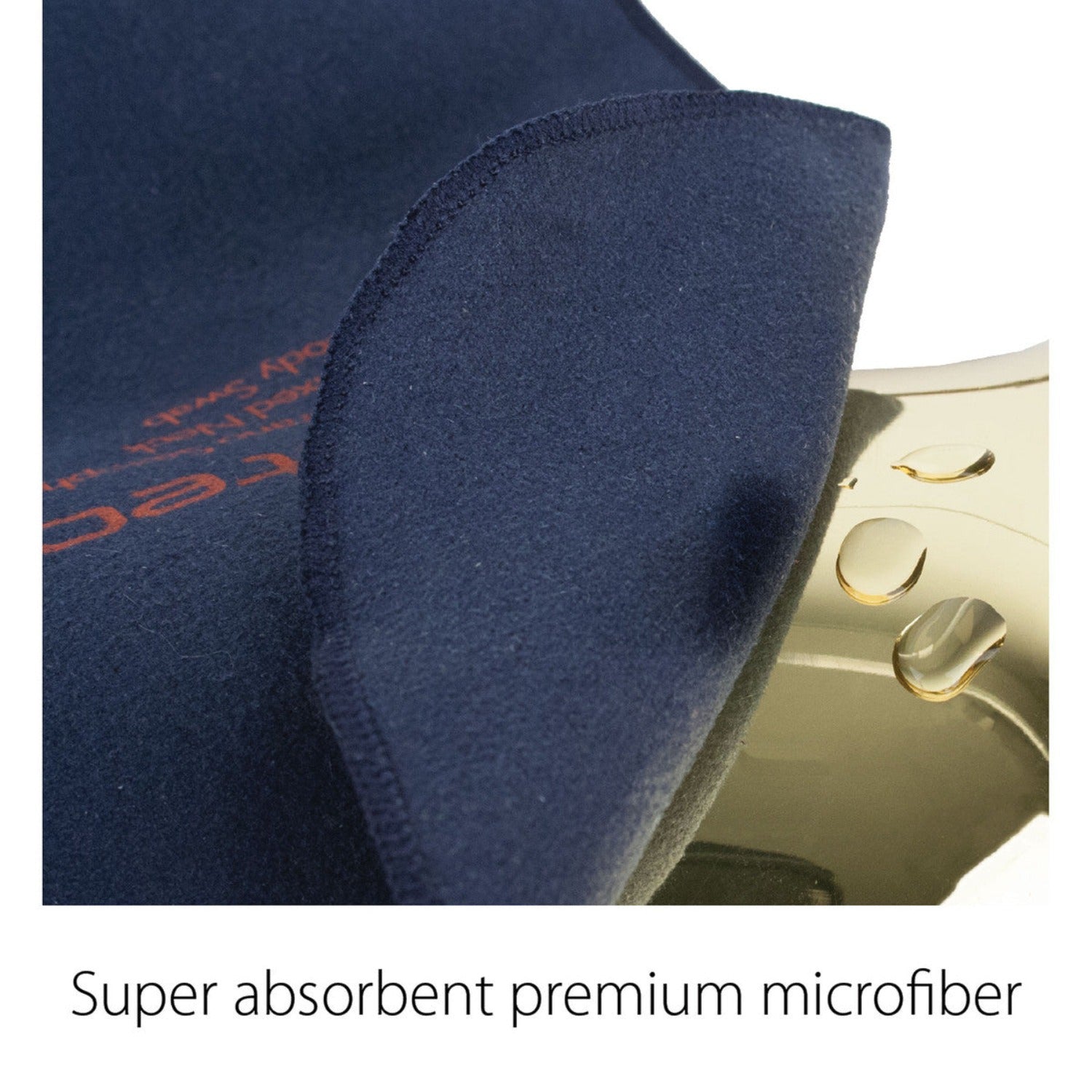 super closeup of texture of swab, with water droplets to show absorption, text at bottom reads "Super Absorbent Premium Microfiber"