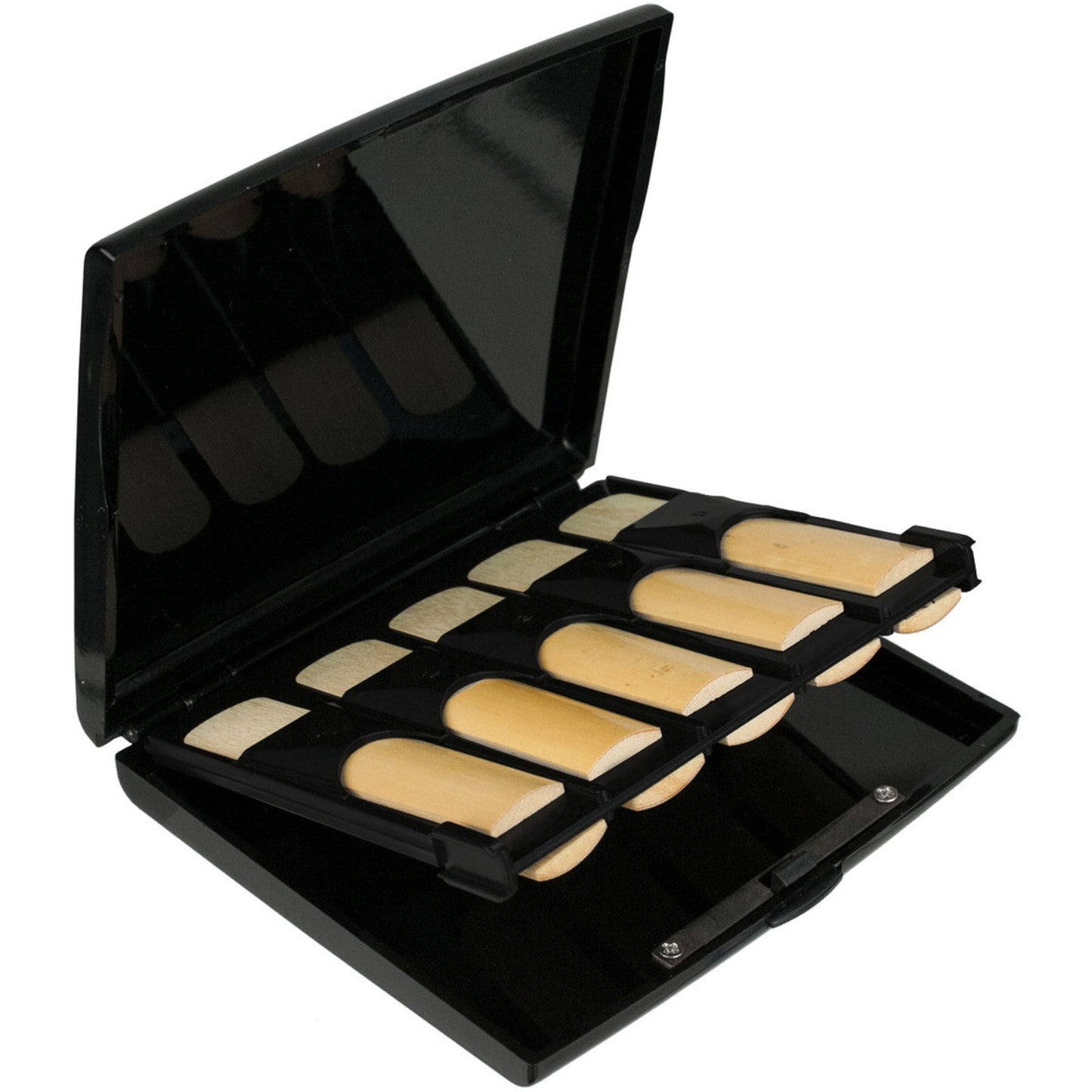Front view of Protec alto/tenor sax reed case, fully loaded with reeds, open to show reeds in position , against white background