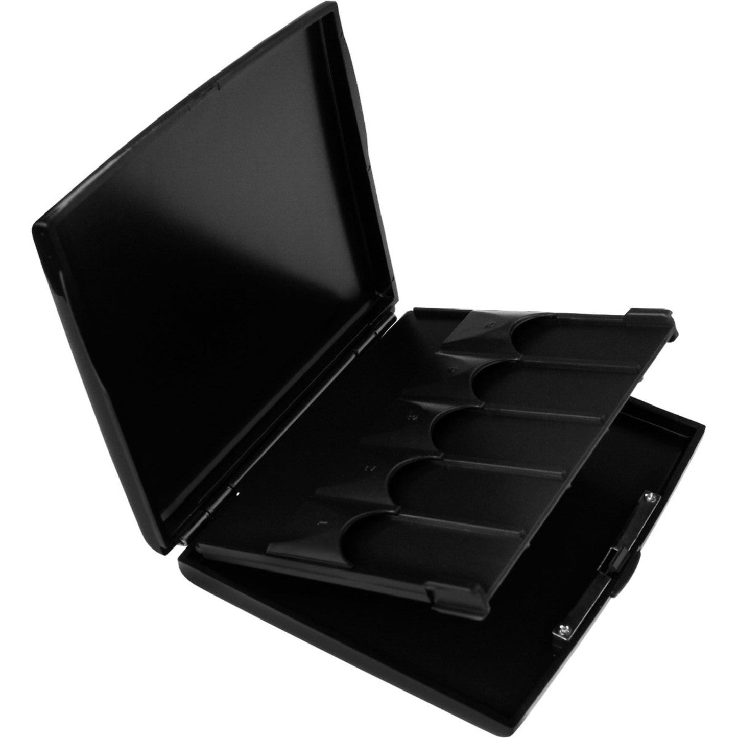 Protec alto/tenor sax reed case, open, with center reed-holding section lifted, on white background