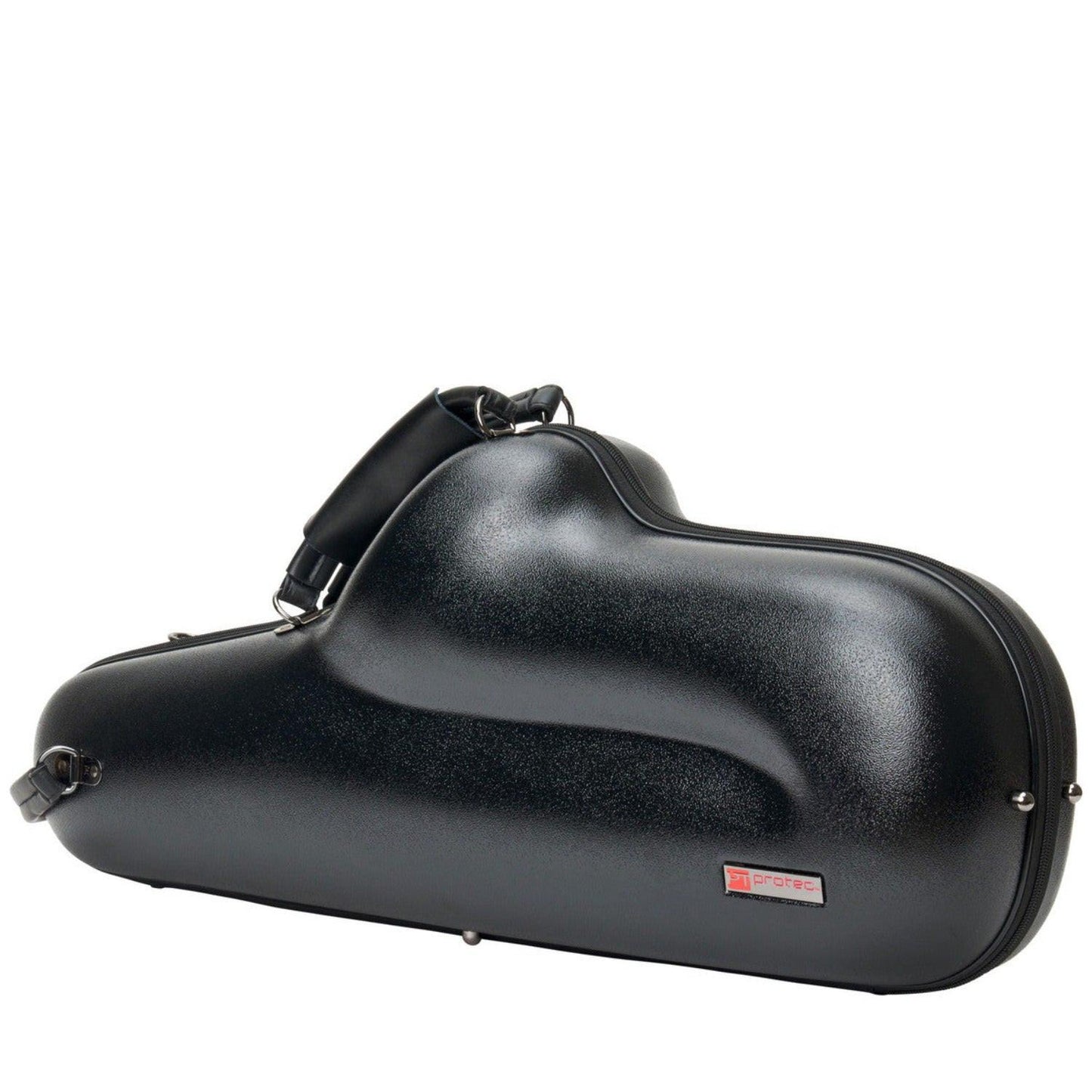 angled front view of Protec Micro Alto Sax case, focusing on bell end and protec logo, against white background