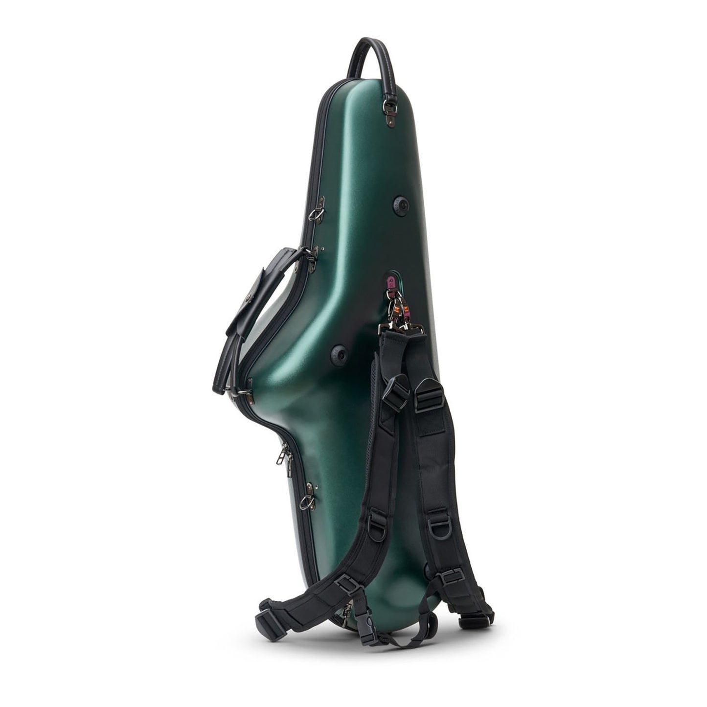 Rear view of Protec Micro Green Tenor Sax case, showing backpack straps attached, against white background