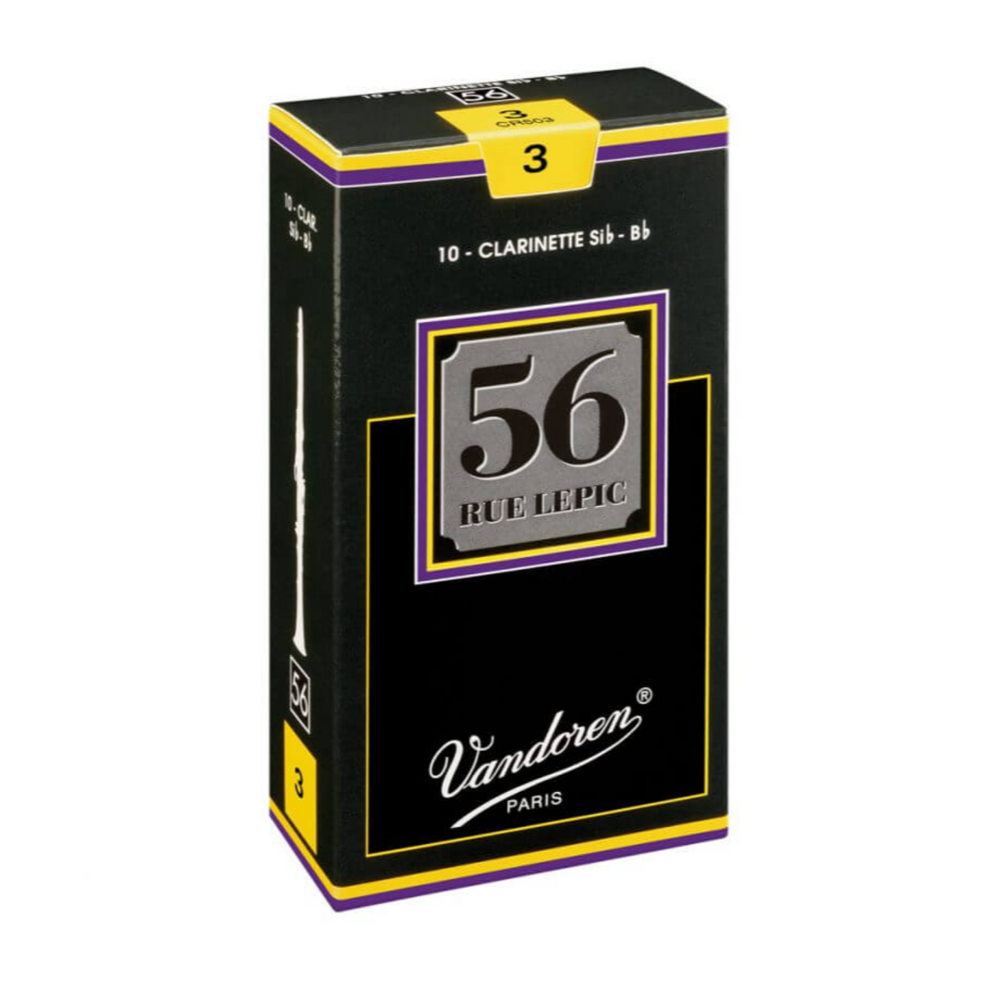 Box of Vandoren 56 Rue Lepic Bb clarinet reeds on a white background