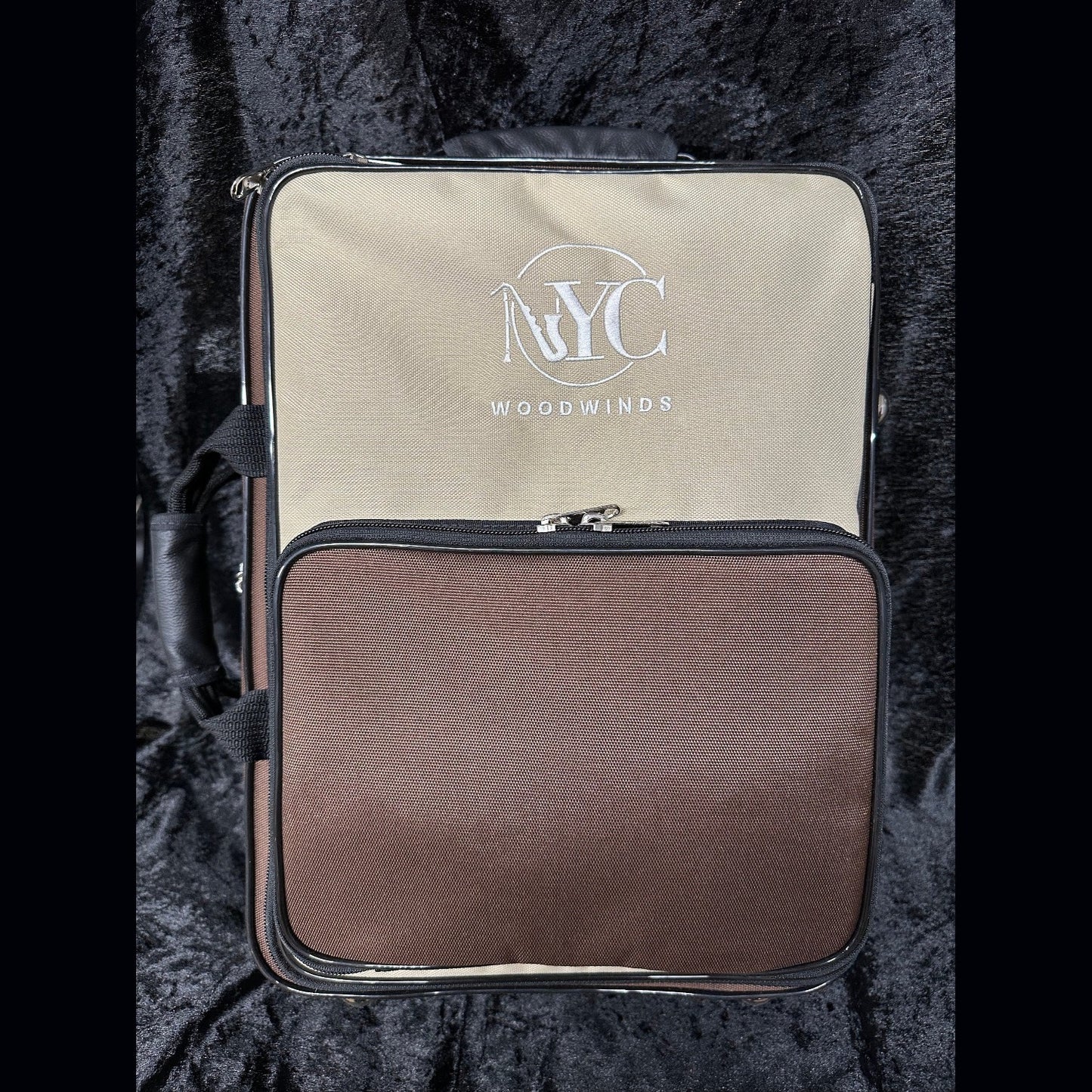 brown and tan NYC Woodwinds double Bonna case with black piping
