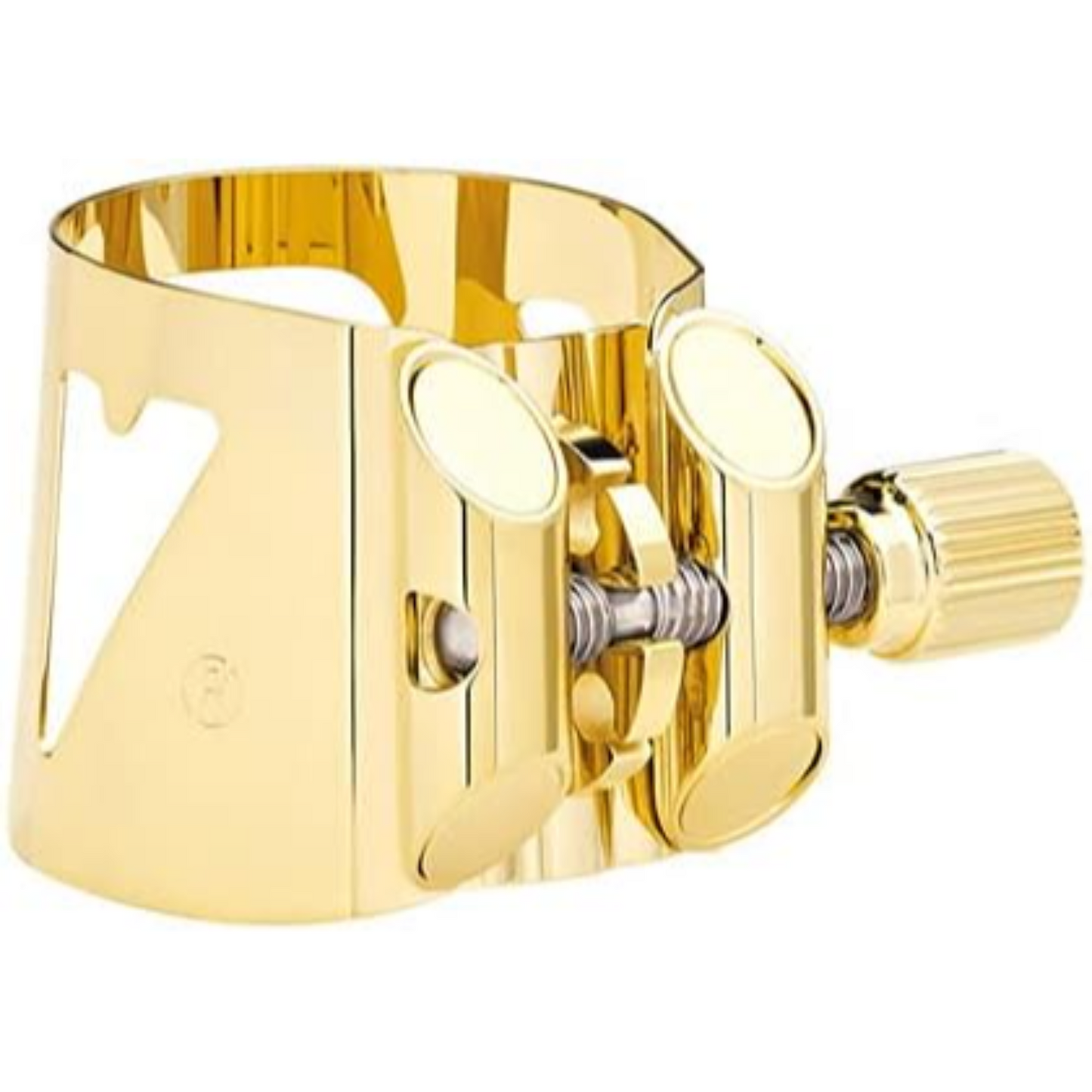 Rear view of Vandoren Optimum tenor sax ligature, showing screw fitting and plate