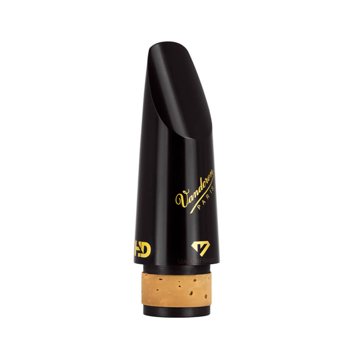 Frontal shot of Vandoren BD5HD Bb clarinet mouthpiece, showing all 3 logos (Vandoren Paris, Black Diamond, and HD), against white background