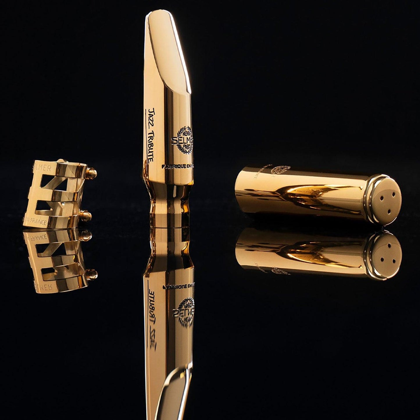 Selmer Paris Jazz Tribute Tenor Sax Mouthpiece with Cap and Ligature (Left to Right: Ligature, Mouthpiece, Cap)