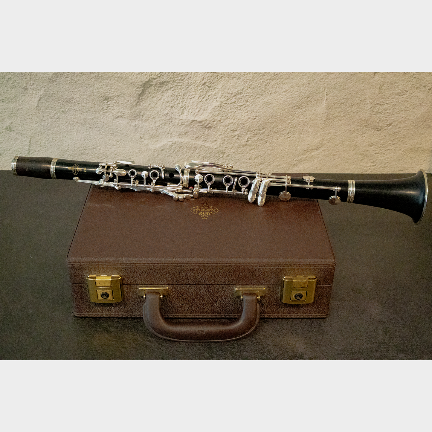 Buffet Crampon E11 Bb Clarinet - full view - assembled instrument laying across closed case