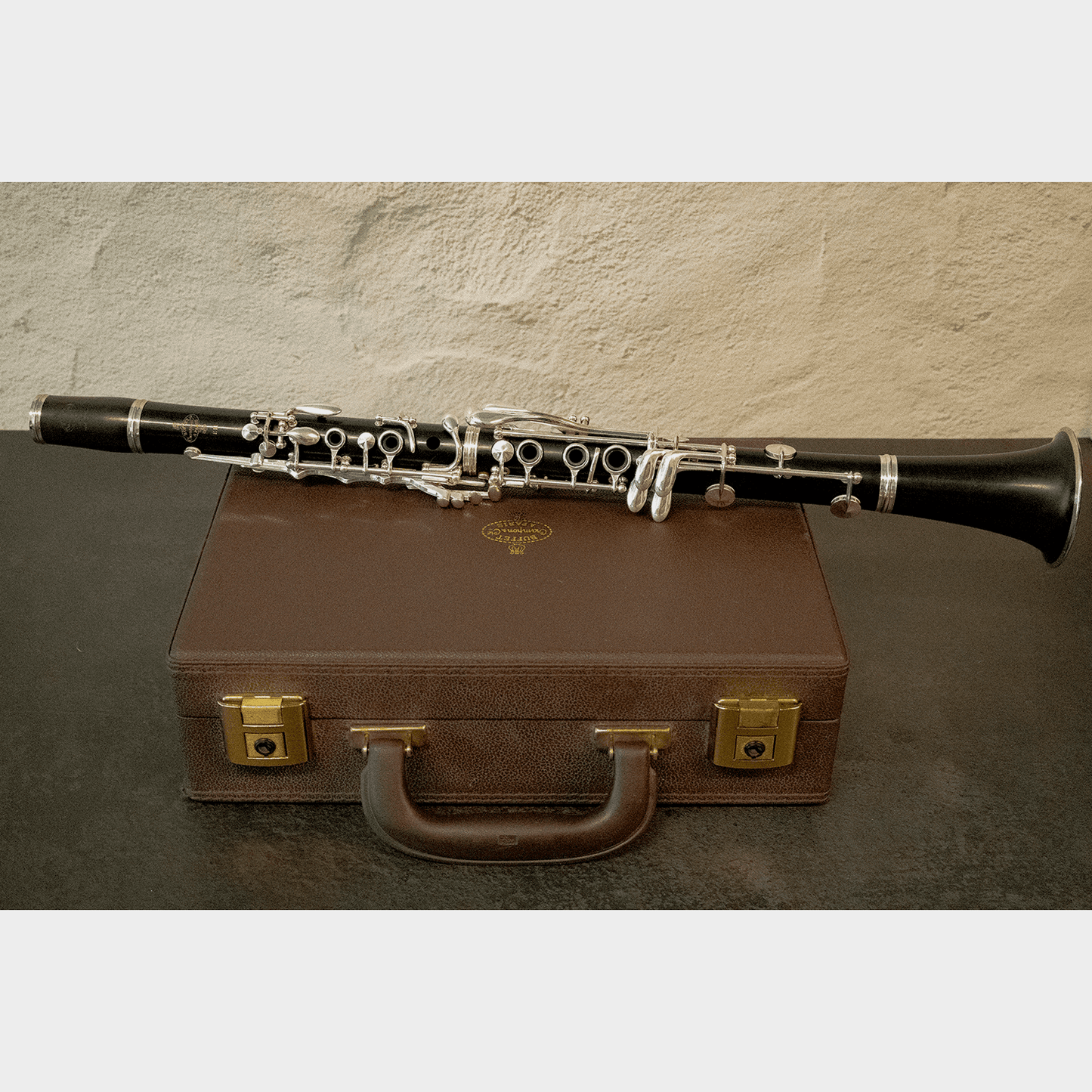 Buffet Crampon E11 Bb Clarinet - full view - assembled instrument laying across closed case