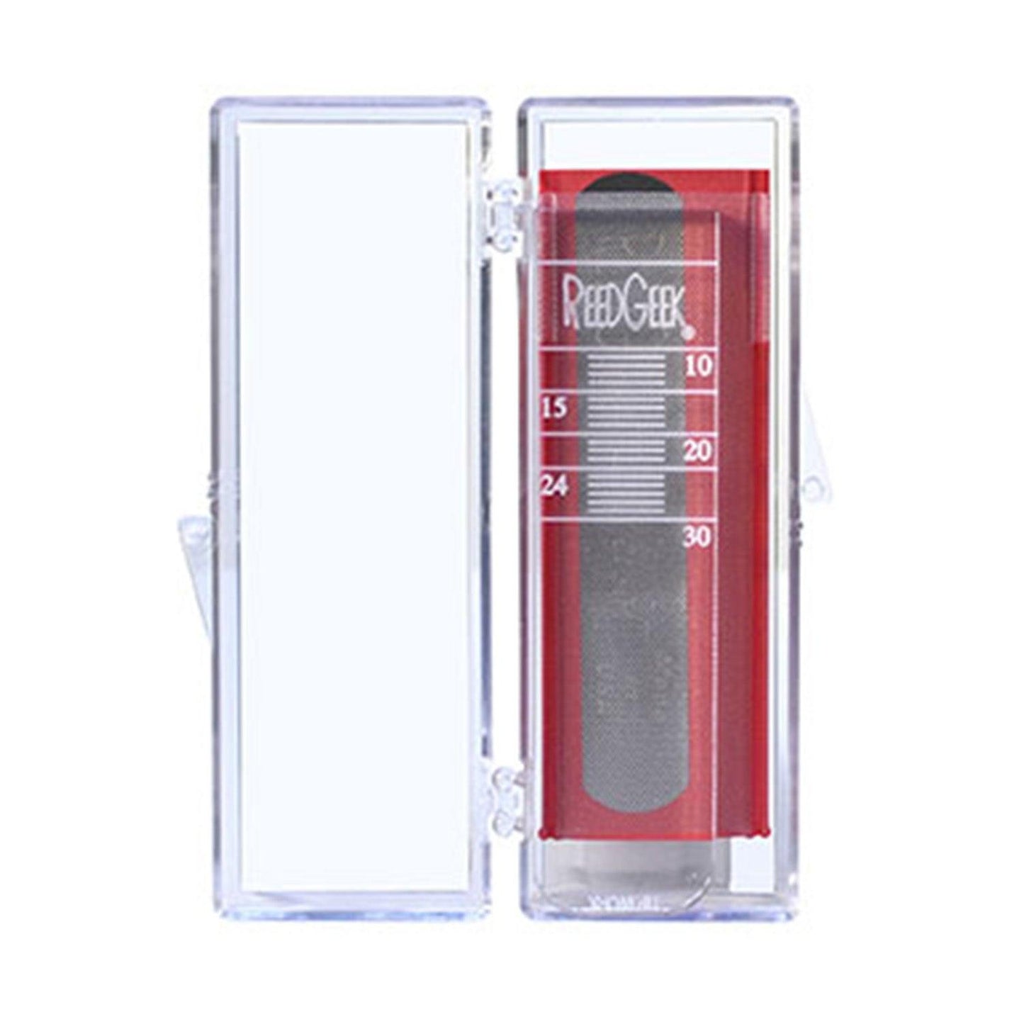 ReedGeek plaque and gauge set, shown in protective case, which is lying open, on a white background.