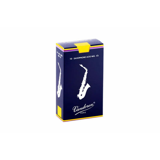 Vandoren traditional alto sax reeds in blue box on white background