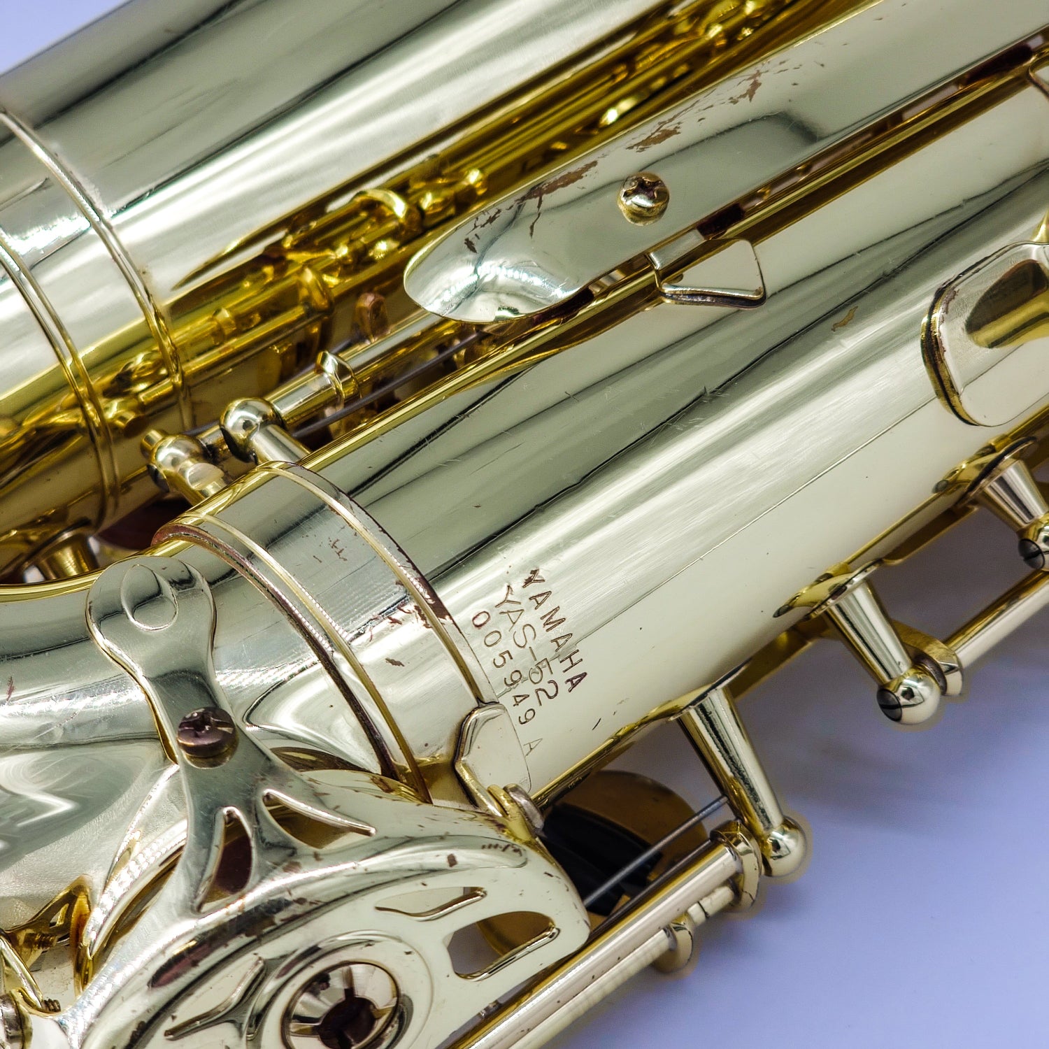 Closeup of model number and serial number on Yamaha 52 alto sax