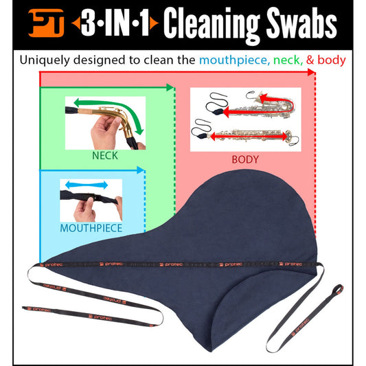 Diagram showing the various uses of the Protec 3 in 1 saxophone cleaning swab