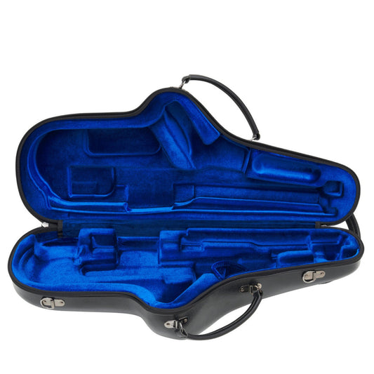 Protec Micro Alto Sax case, laying open to show blue velour interior (empty), against white background