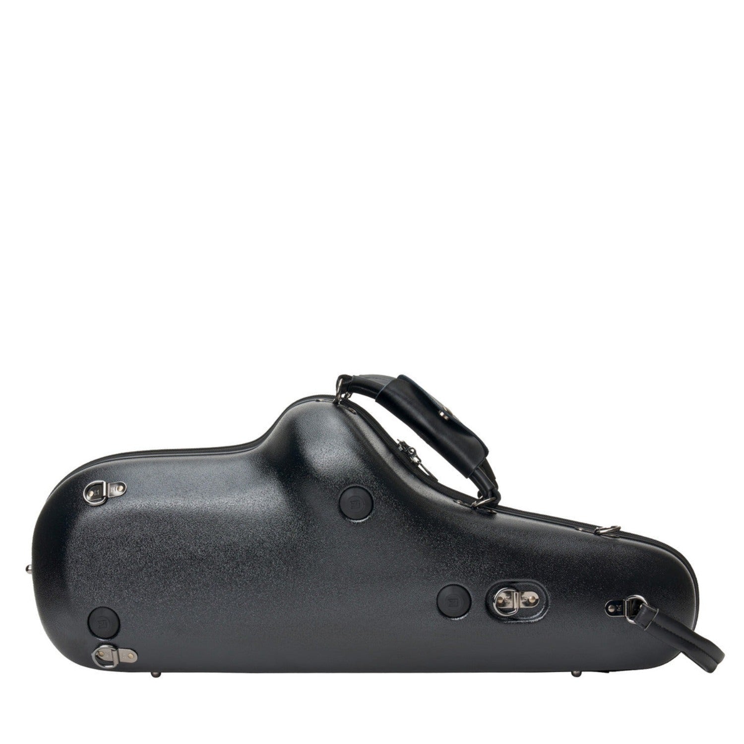Protec Micro Alto Sax case, laying on its spine, with the back side facing the camera; no backpack straps attached, showing the D-rings for attaching them, against white background