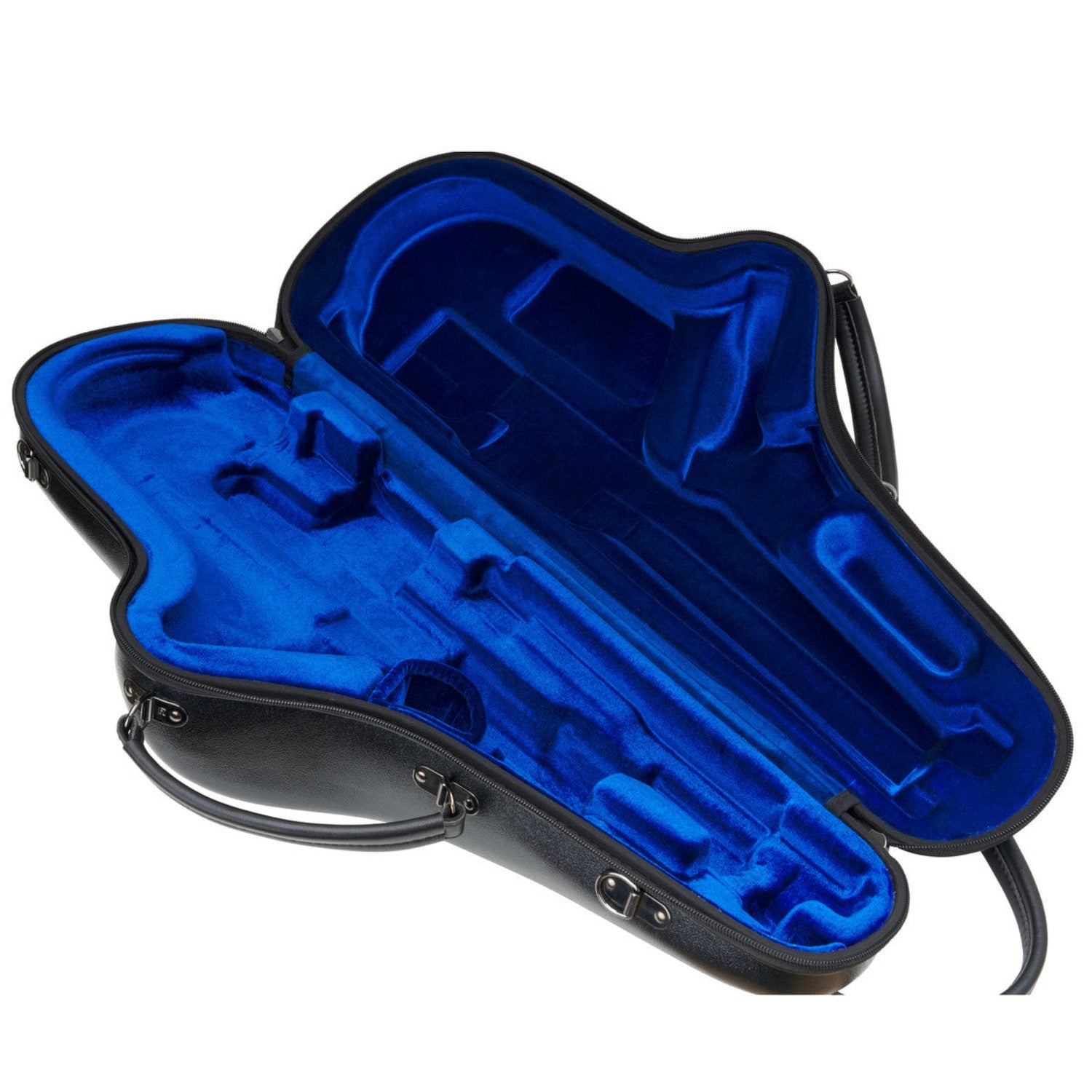 Protec Micro Alto Sax case, laying open to show blue velour interior (empty), against white background, at an angle