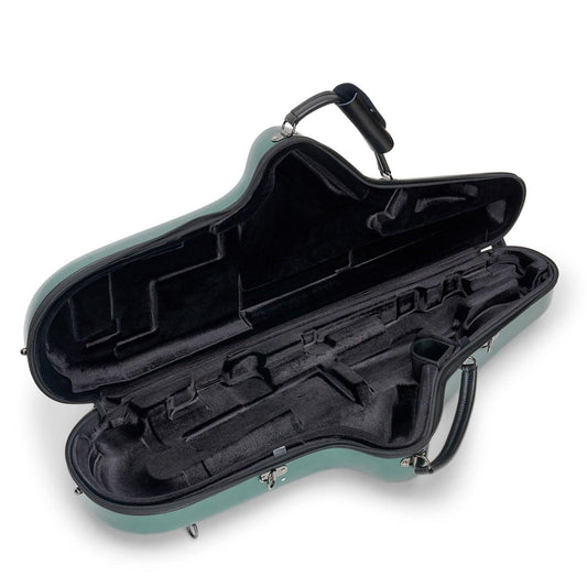 Protec Micro Tenor Sax case, laying open to show black velour interior (empty), against white background