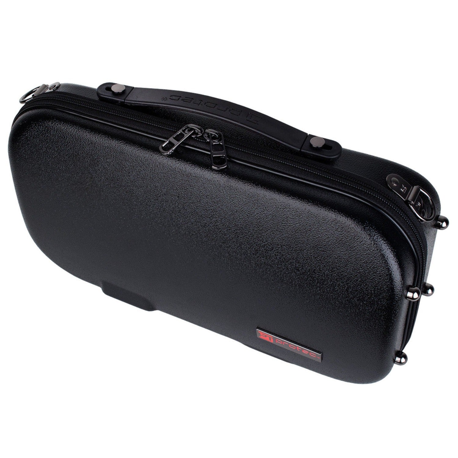 top down angled view of Protec Microzip clarinet case, closed, showing handle, zipper, and strap fastening ring