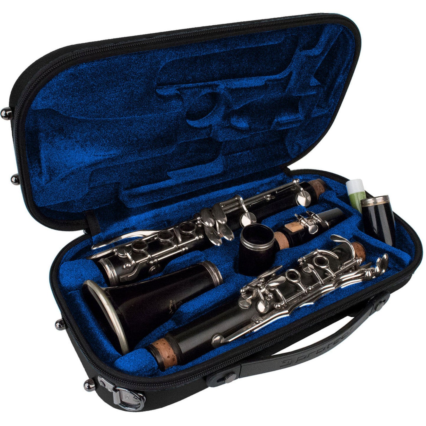 Protec Microzip ABS clarinet case, open, with clarinet inside, on white background