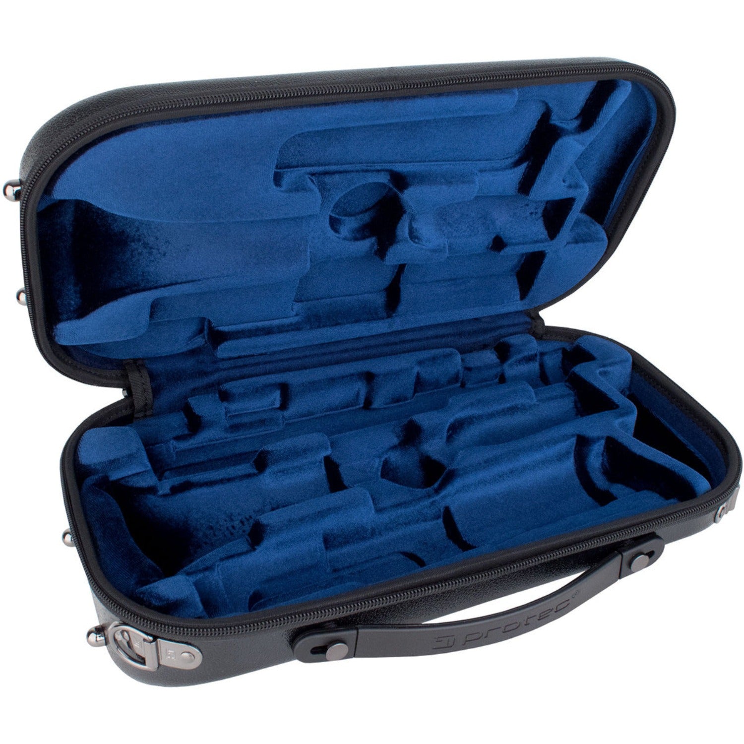 Protec Microzip clarinet case, open, empty, showing blue interior, on white background