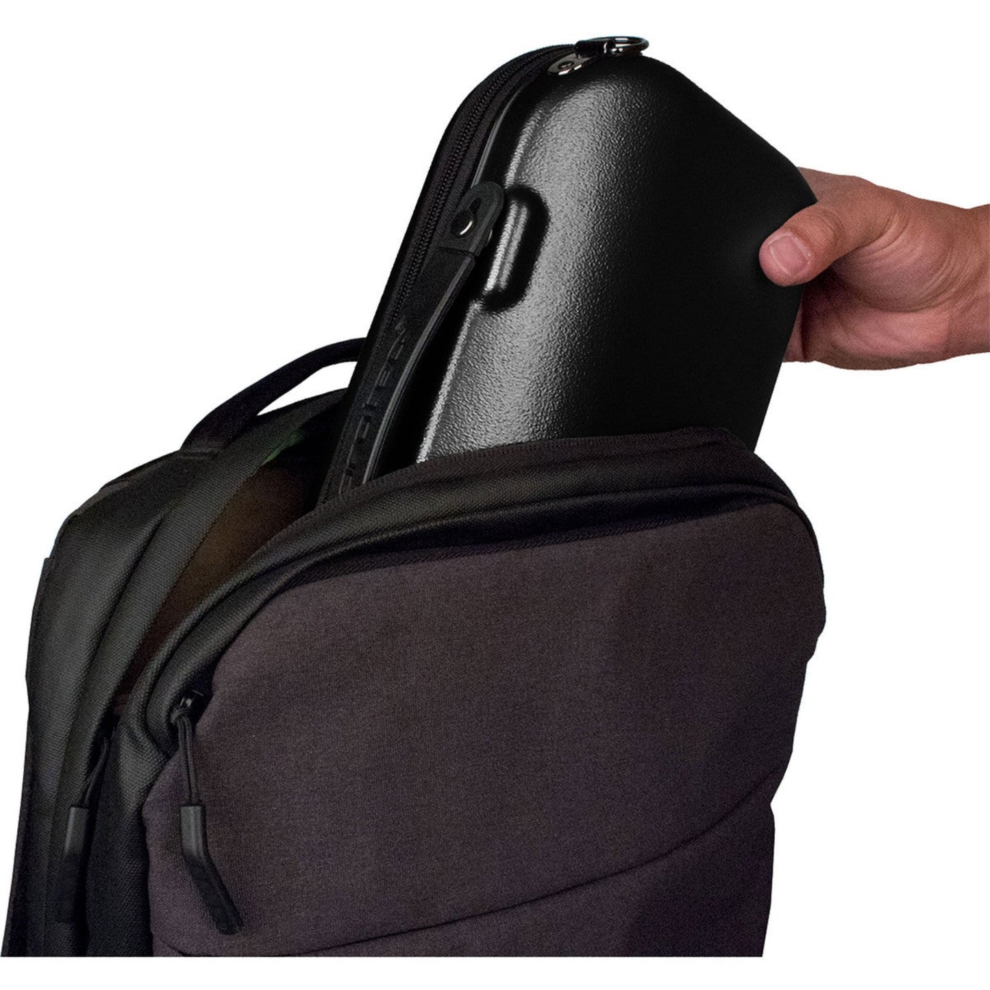 A hand removing the Protec Microzip clarinet case from a backpack, on a white background
