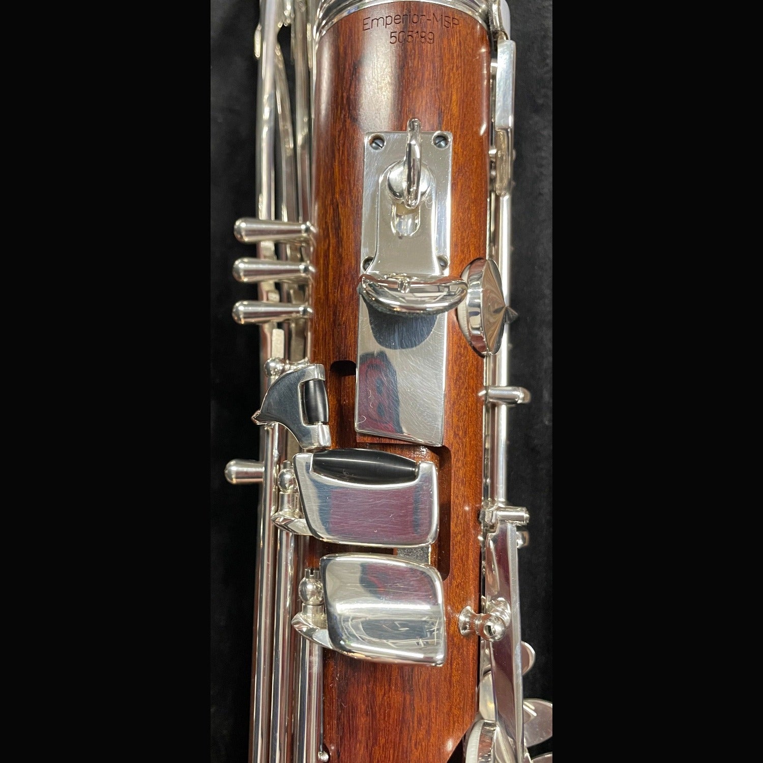 closeup of right thumb keys and thumbrest of mopane Uebel Emperior bass clarinet