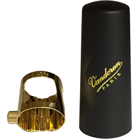 Vandoren Optimum Tenor Sax ligature, for ebonite mouthpiece, and plastic cap with Vandoren logo, on white background