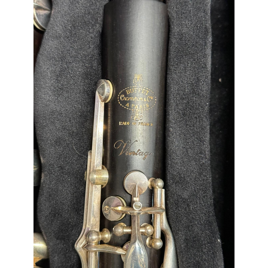 Buffet Vintage A clarinet, closeup on Buffet logo and Vintage engraving on upper joint