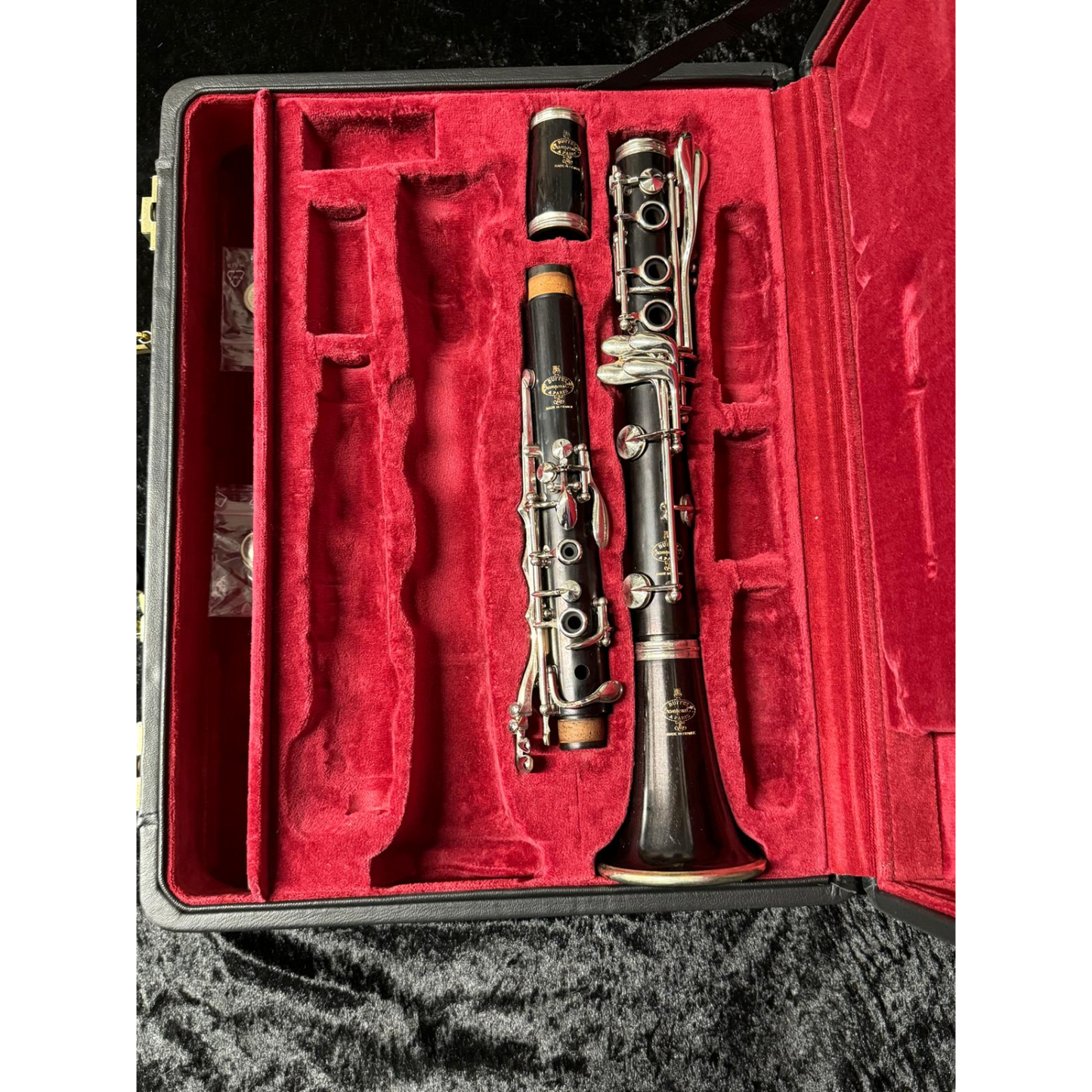 Birds eye view of Buffet R13 A clarinet resting in case