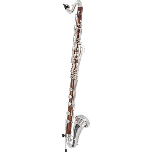 Full length shot of Uebel Emperior bass clarinet in mopane wood against white background