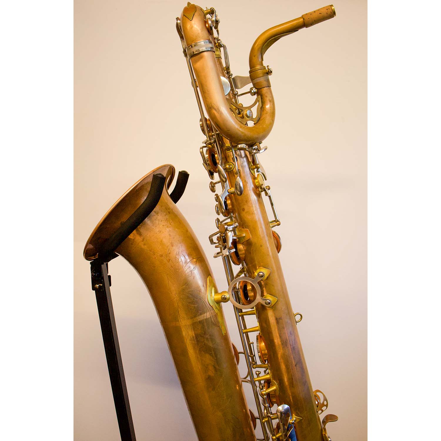 JL Woodwinds Baritone Saxophone Back View closer up on Left Hand