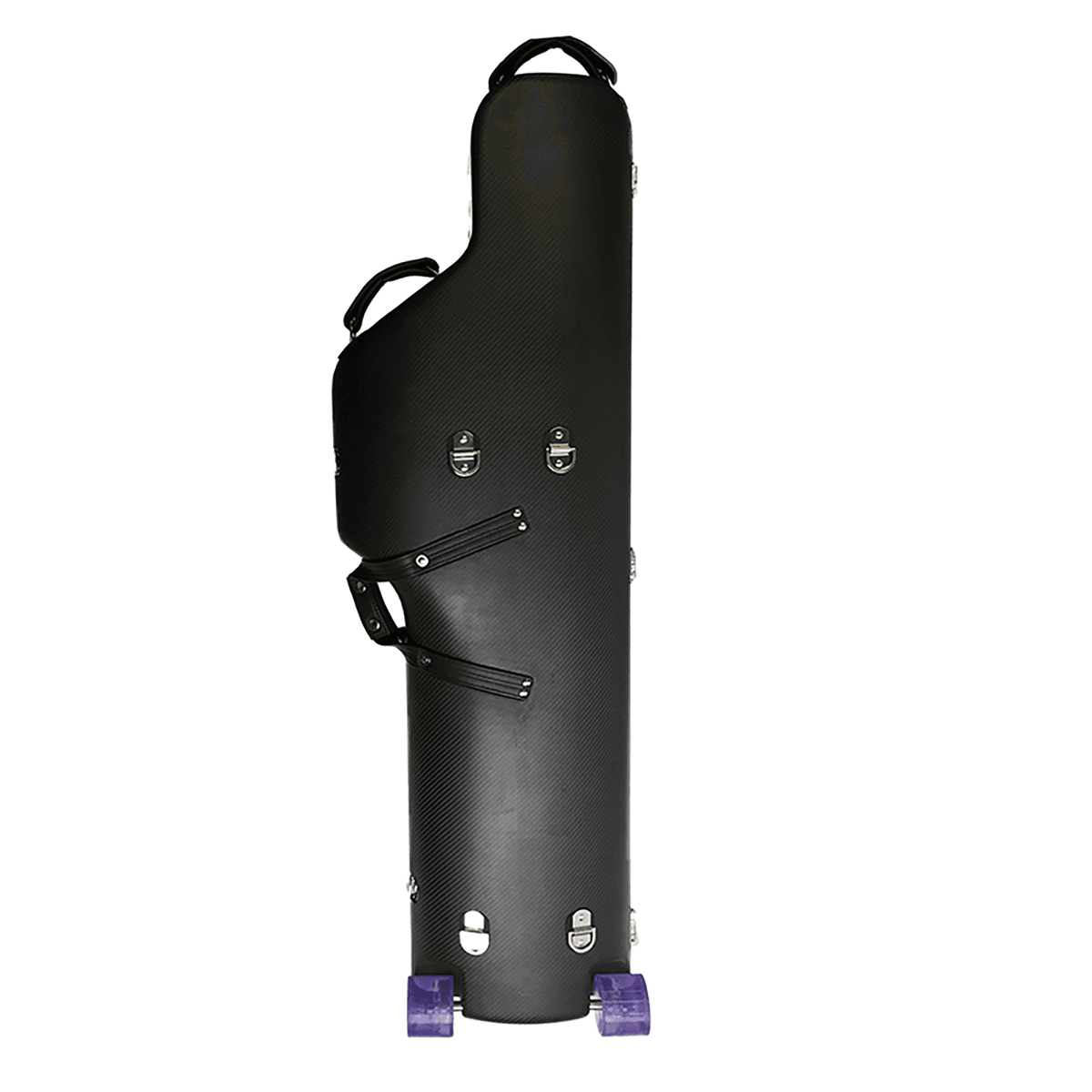 Unlacquered black carbon fibre baritone saxophone case with purple wheels - full back view - no backpack straps shown - closed