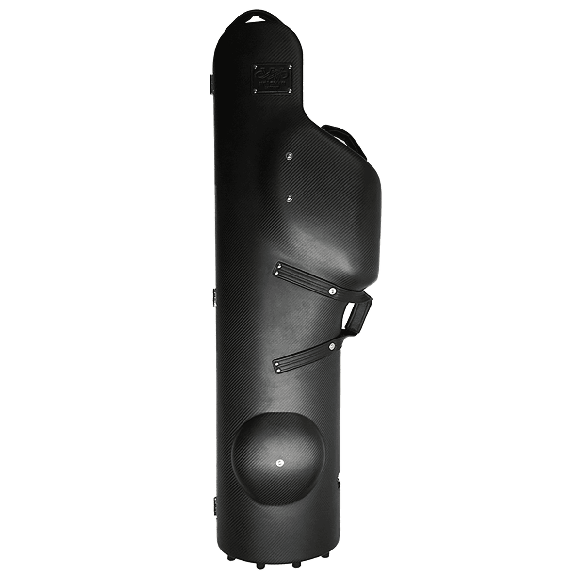 Unlacquered black carbon fibre baritone saxophone case with purple wheels on white background - full front view - closed