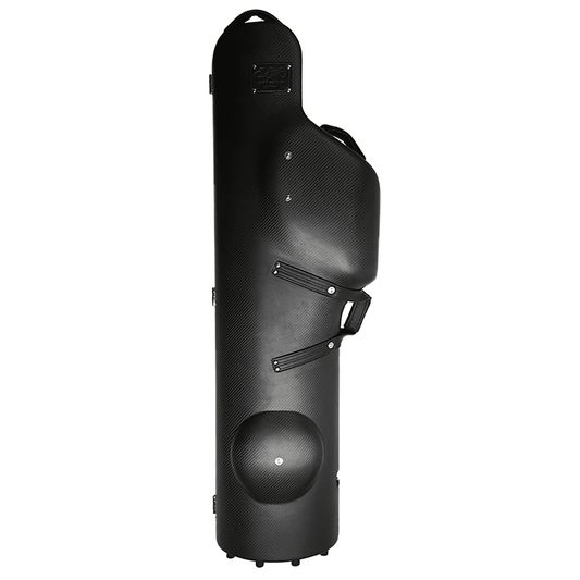 Unlacquered black carbon fibre baritone saxophone case with purple wheels on white background - full front view - closed