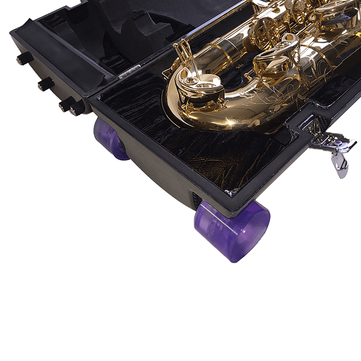 unlacquered black carbon fibre baritone sax case - bottom half close up - instrument inside - purple flat-bottom wheels on outside shown