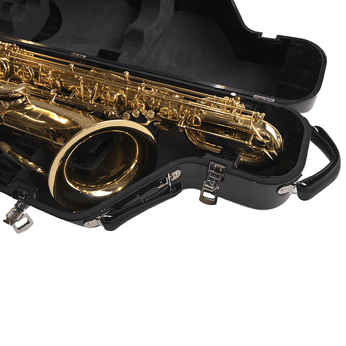 Unlacquered black carbon fibre baritone sax case - open- top half close up - instrument inside - white background