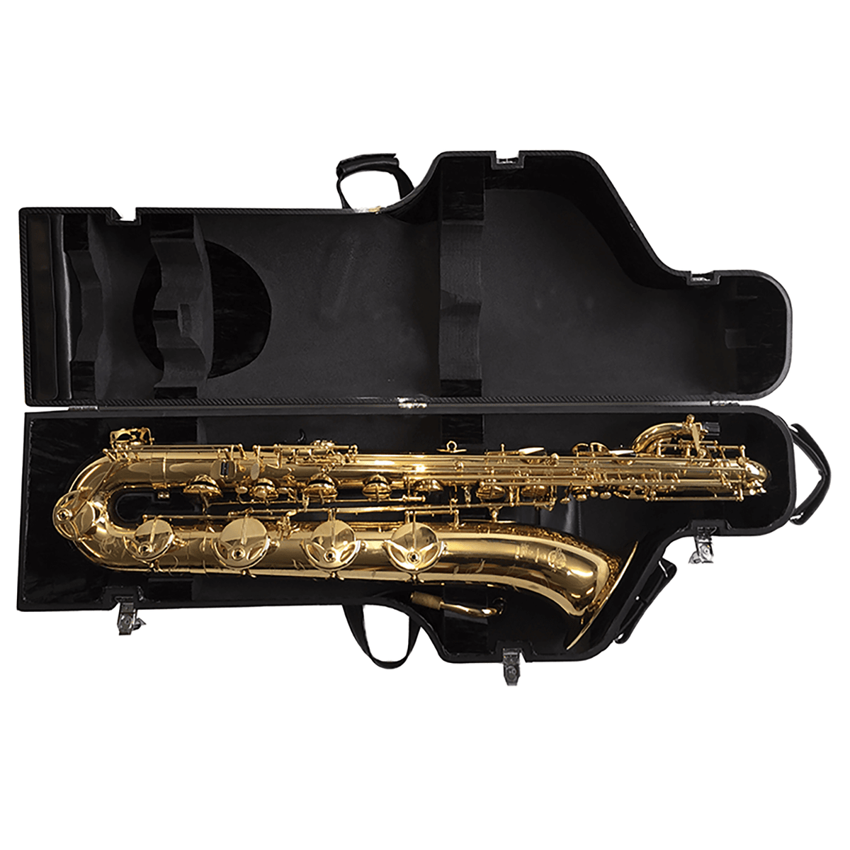 Full view - open - black baritone saxophone case with instrument inside - white background