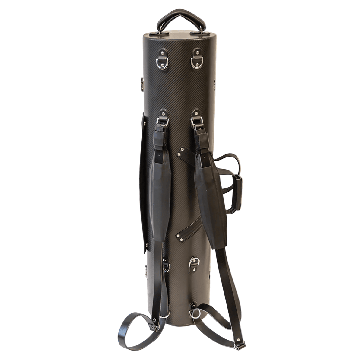 Unlacquered black carbon fiber cylindrical case full back view standing. D-rings with backpack straps attached. White background.