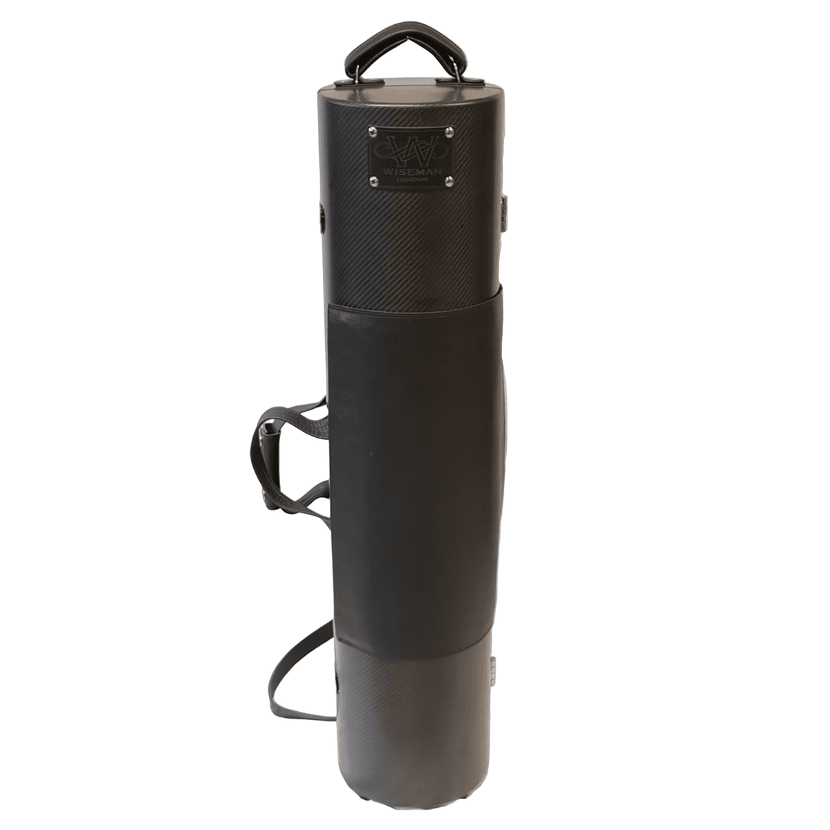 Unlacquered black carbon fiber cylindrical case full front view standing with mounted leather sheet music pocket attached. Wiseman logo shown at the top. White background