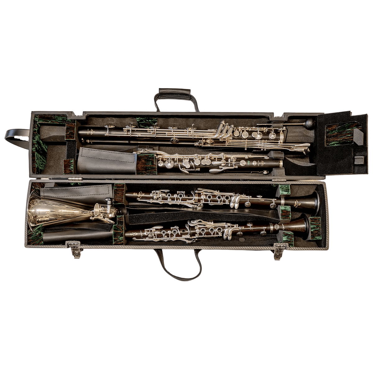 Black carbon fiber bass clarinet quad case open with instruments fitted inside case. Green/Red velvet lining. White background