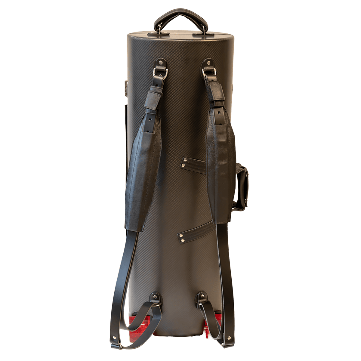 Unlacquered black carbon fiber oval bass clarinet quad case with red skateboard wheels standing upright, back full view. Metal D-rings with padded backpack straps attached. White background