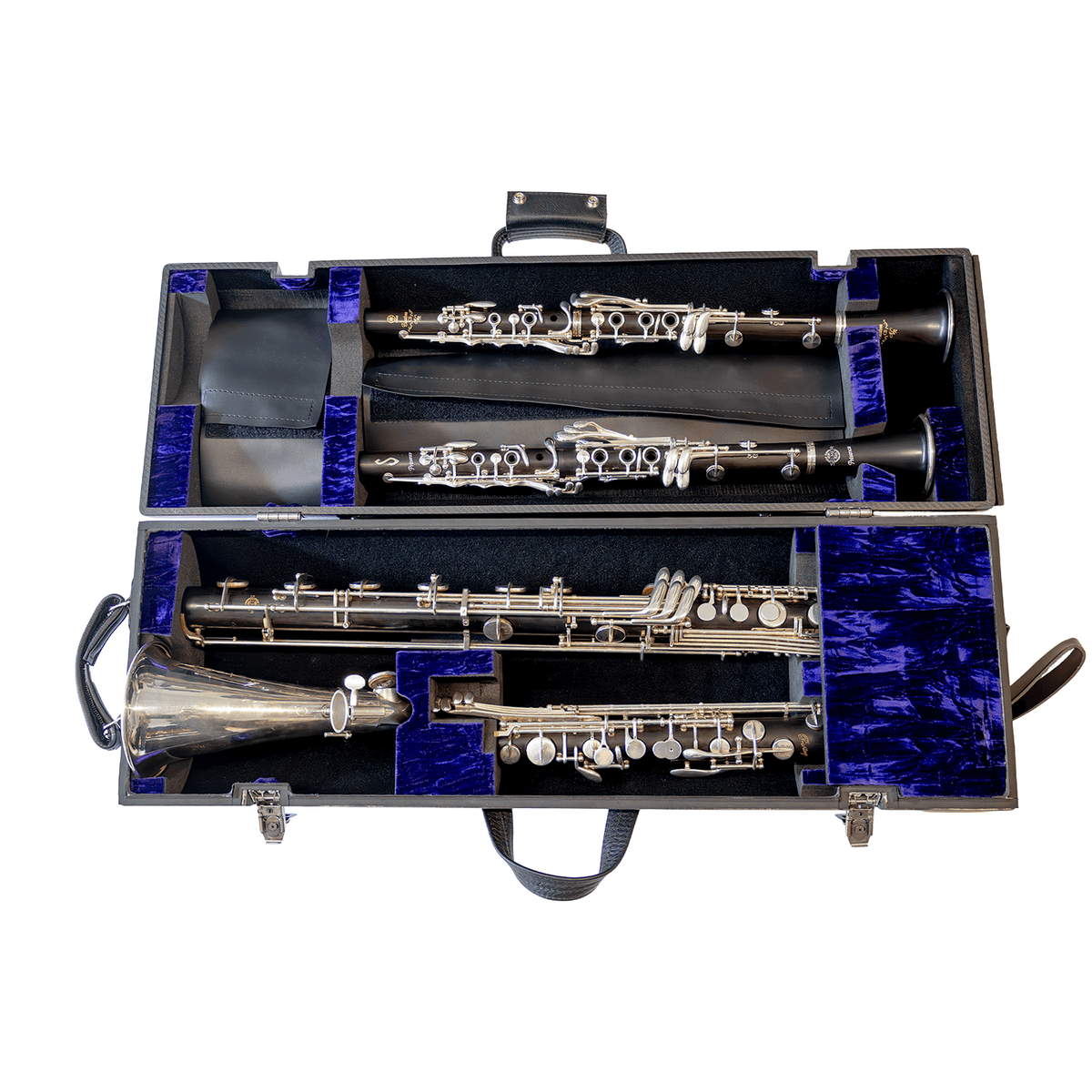 Bass clarinet quad case open clamshell view. Purple velvet lined foam interior with Selmer Privilege bass and three soprano clarinets inside. Leather pouch for Eb clarinet closed. White background