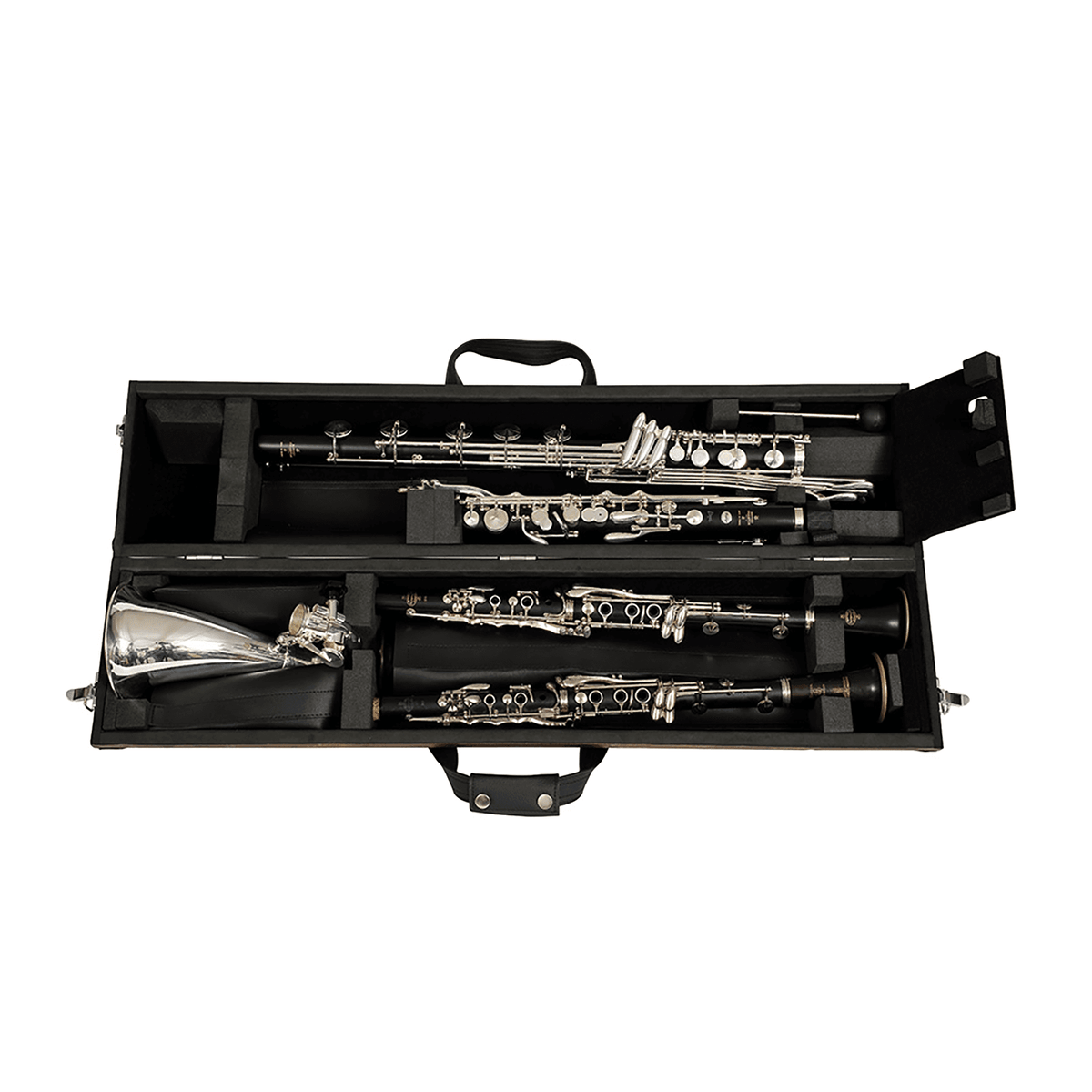 Cylindrical bass clarinet quad case open clamshell with disassembled instruments in the respective storage compartments. Black leather accessory pouches throughout. White background