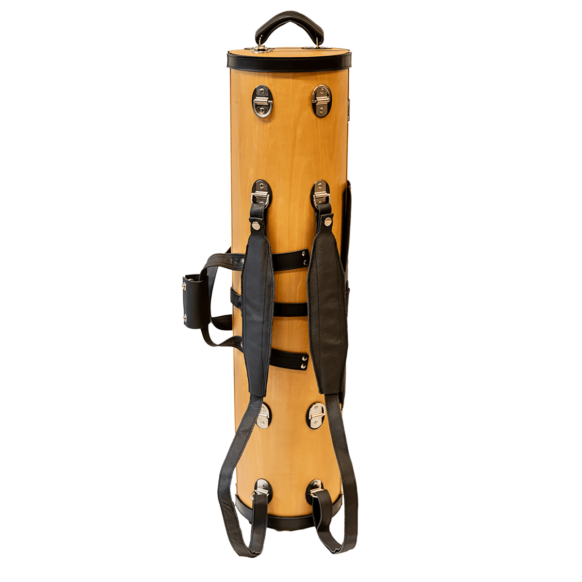 Cylindrical pine bass clarinet quad case standing full back view with metal D-rings and leather backpack straps attached. White background.