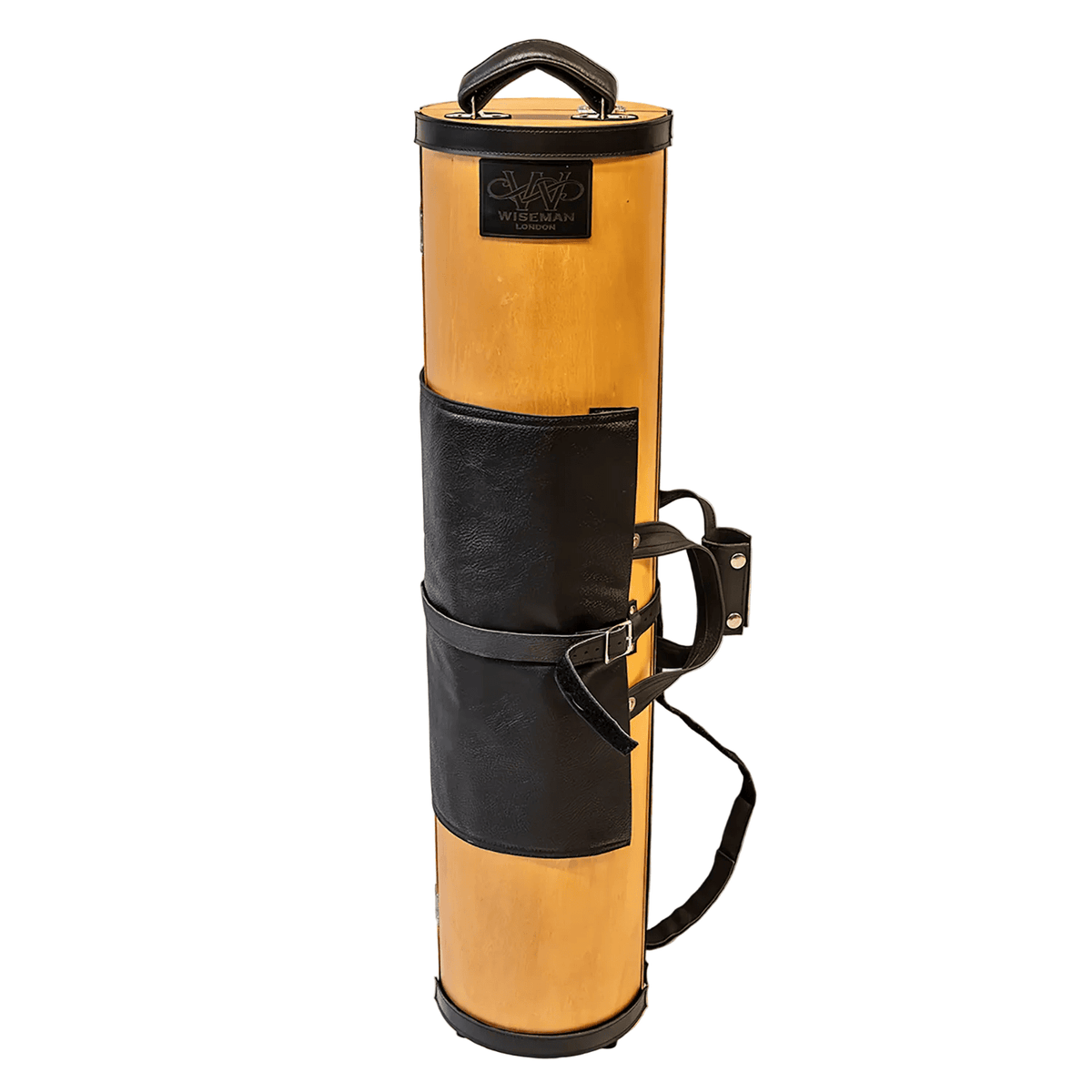 Cylindrical pine bass clarinet quad case standing full front view. Black leather handles and sheet music pouch mounted with perimeter buckle belt. White background