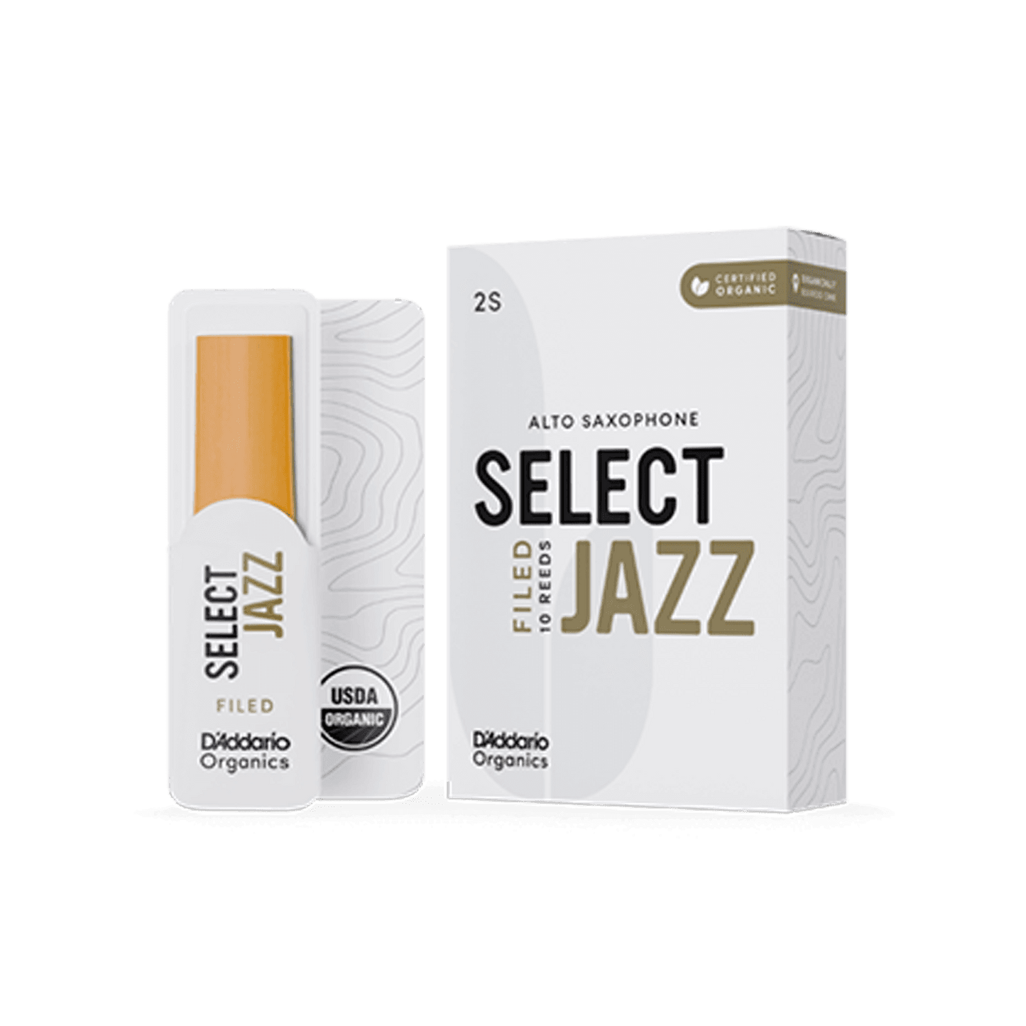 D'Addario Select Jazz Filed Alto Sax Reeds (Left to Right: Reed in sleeve, Reed Box)