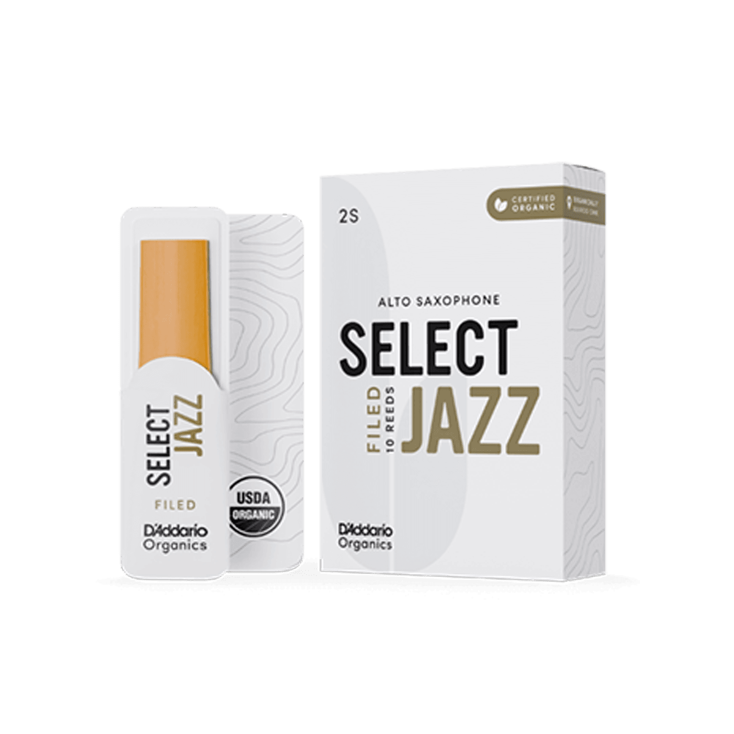 D'Addario Select Jazz Filed Alto Sax Reeds (Left to Right: Reed in sleeve, Reed Box)