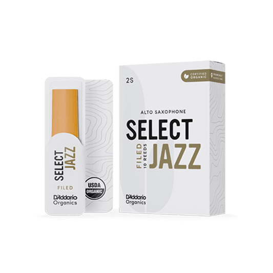 D'Addario Select Jazz Filed Alto Sax Reeds (Left to Right: Reed in sleeve, Reed Box)