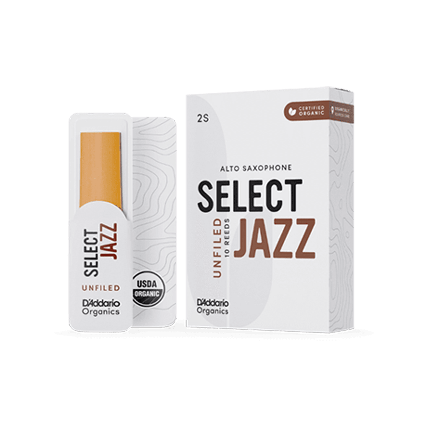 D'Addario Select Jazz Unfiled Alto Sax Reed (Left to Right: Reed in Sleeve, Box)