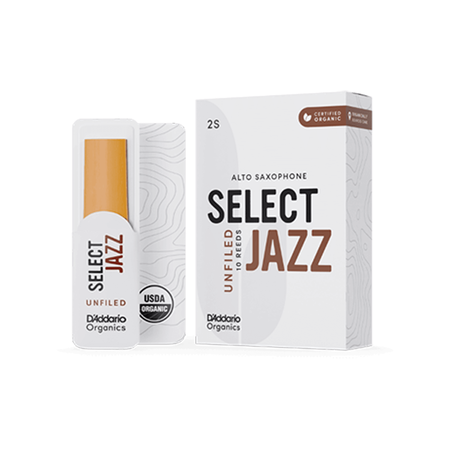 D'Addario Select Jazz Unfiled Alto Sax Reed (Left to Right: Reed in Sleeve, Box)